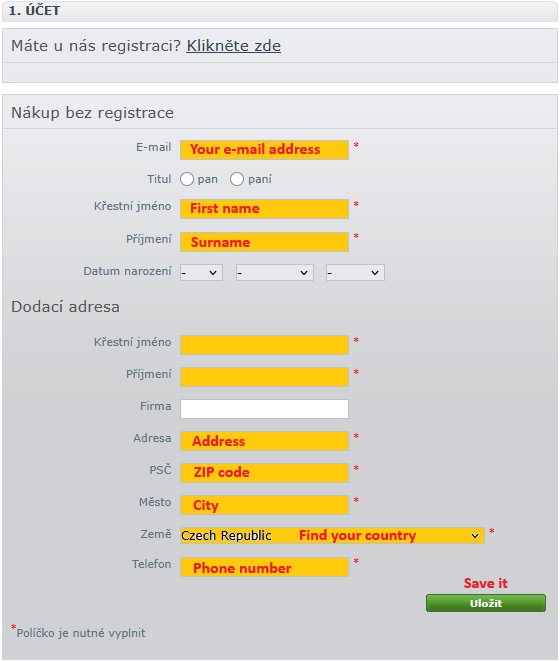 Registrace v obchodě filatelie Česká Dáma